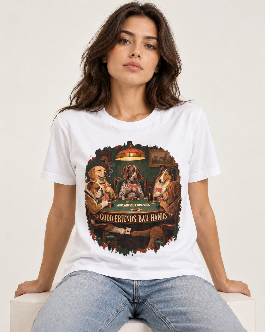 German Shorthaired Pointer Good Friends Bad Hands Poker Night Graphic T-Shirt in White, worn by a seated model