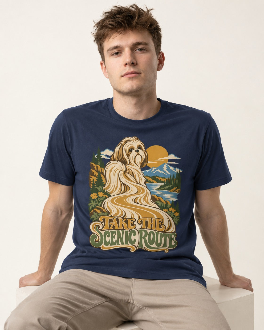 Shih Tzu Take the Scenic Route Mountain Vista Graphic T-Shirt in Navy, worn by a seated model