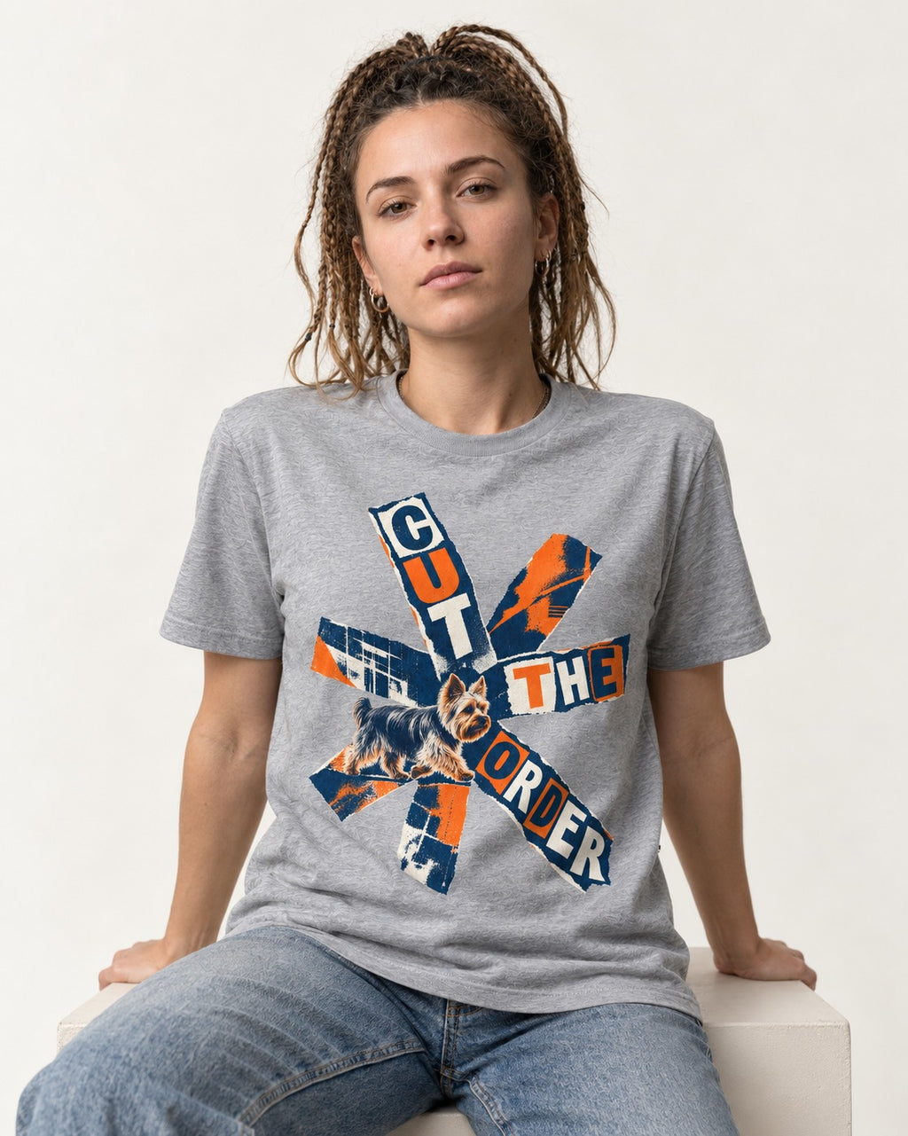 Yorkshire Terrier Cut the Order Radial Collage Graphic T-Shirt in Sport Grey, worn by a seated model