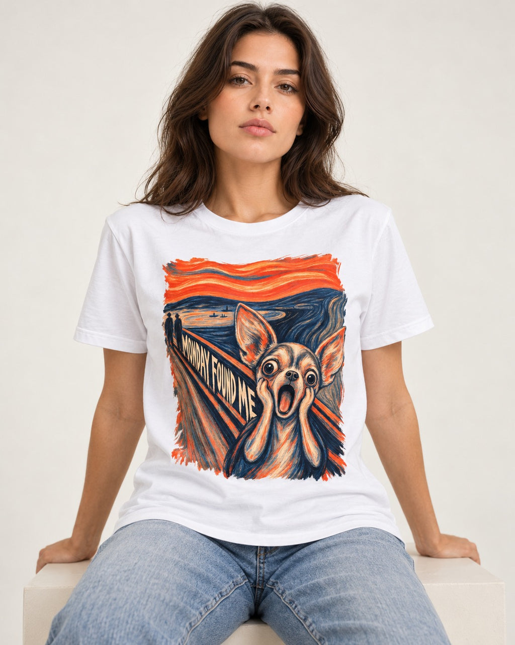 Monday Found Me Chihuahua Scream Path T-Shirt in White, worn by a seated model