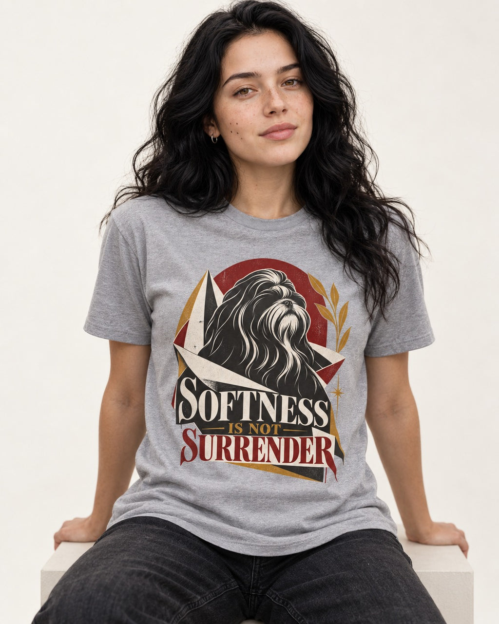 Shih Tzu Softness Is Not Surrender T-Shirt in Sport Grey, worn by a seated model