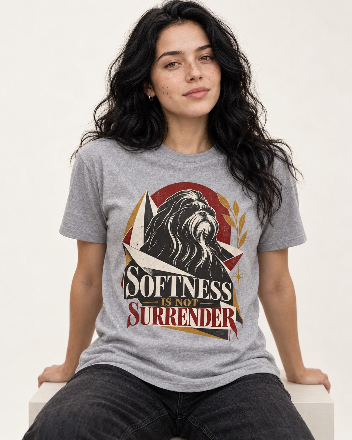 Shih Tzu Softness Is Not Surrender T-Shirt in Sport Grey, worn by a seated model