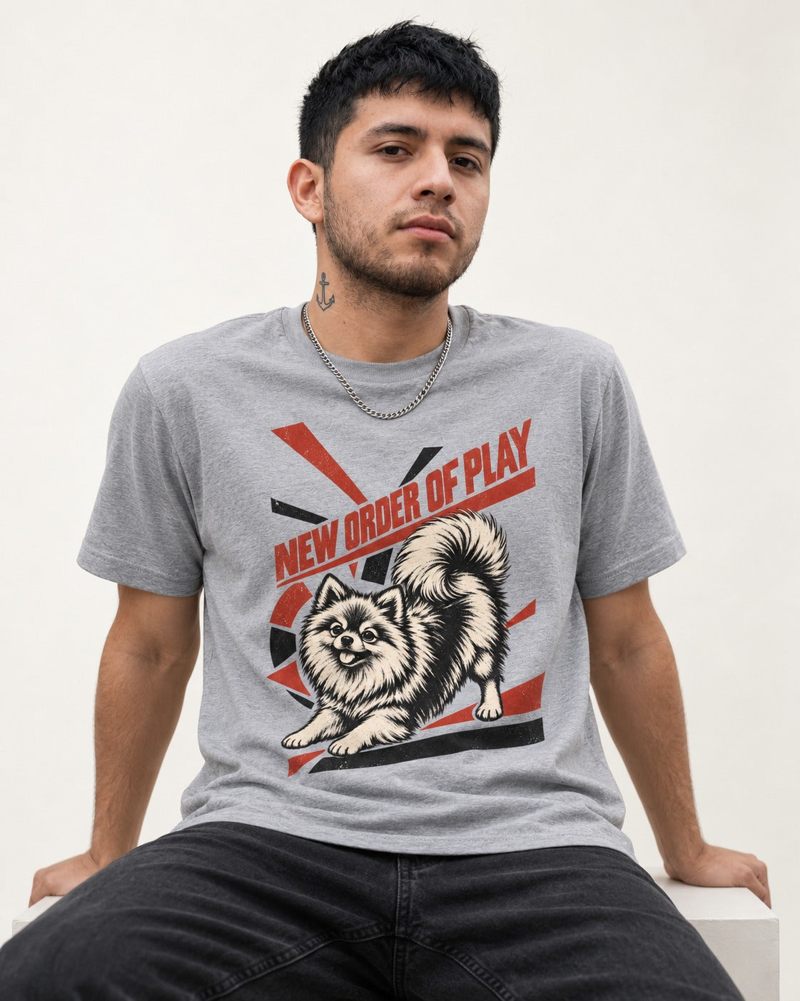 Pomeranian Order of Play T-Shirt in Sport Grey, worn by a seated model