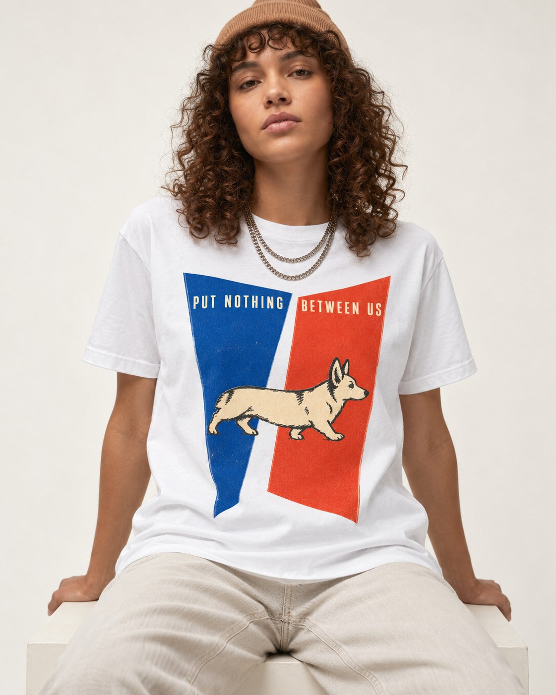 Corgi Put Nothing Between Us Split Panels T-Shirt in White, worn by a seated model