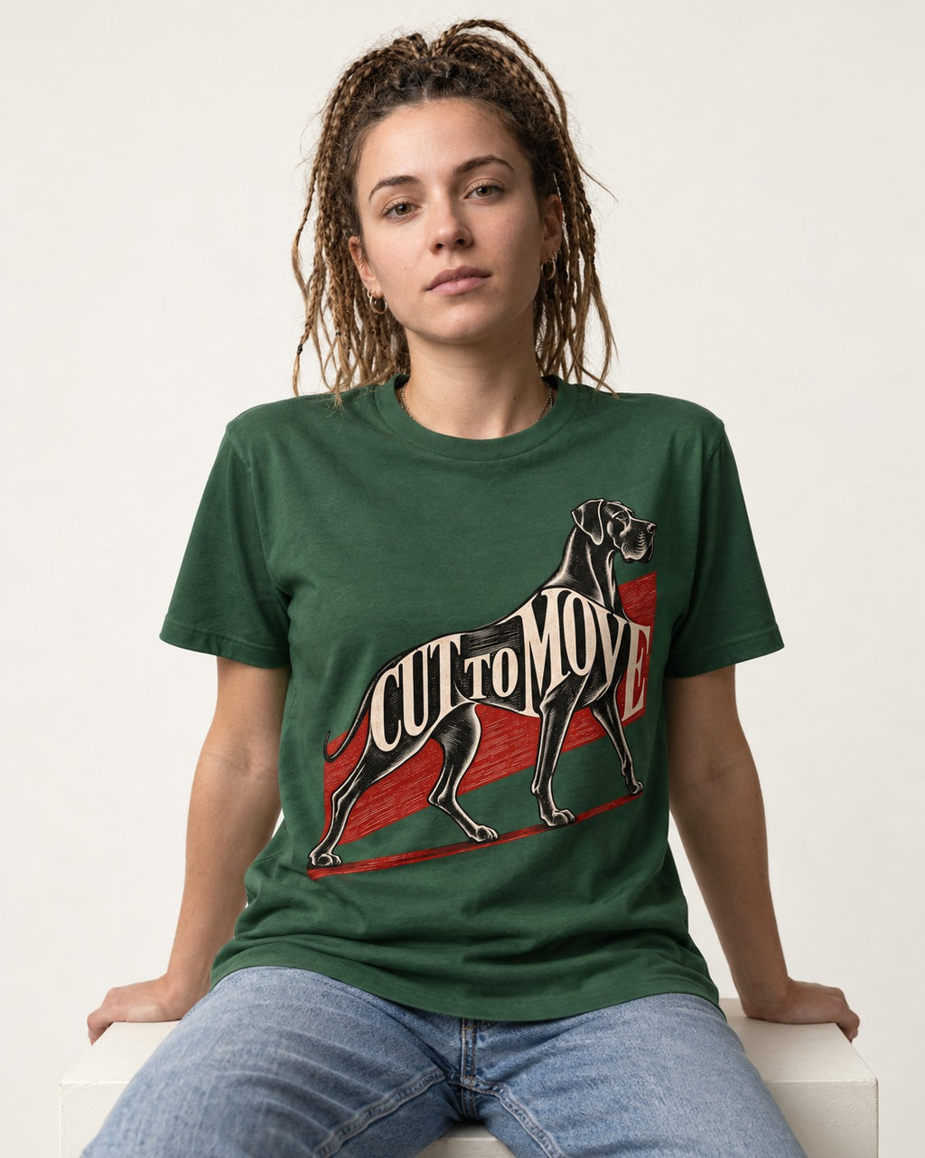 Great Dane Cut to Move Walking Typography Graphic T-Shirt in Forest Green, worn by a seated model