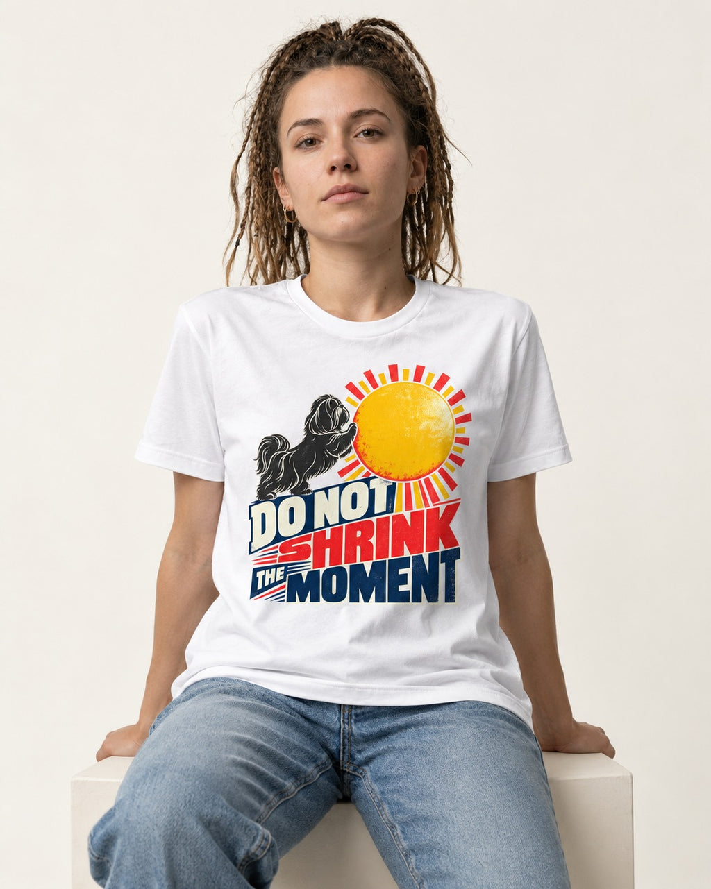 Shih Tzu Do Not Shrink the Moment Sun Graphic T-Shirt in White, worn by a seated model
