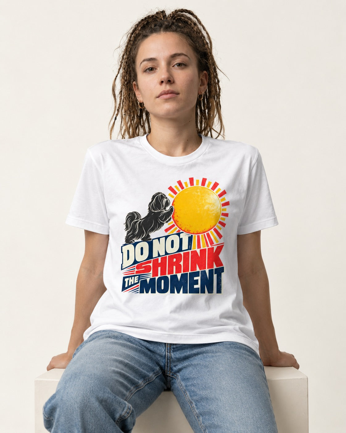 Shih Tzu Do Not Shrink the Moment Sun Graphic T-Shirt in White, worn by a seated model