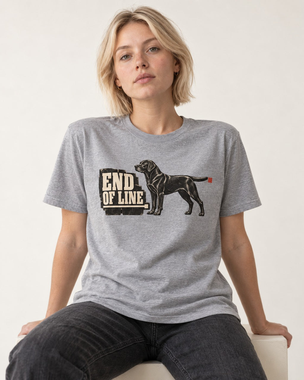 End of Line Labrador Retriever T-Shirt in Sport Grey, worn by a seated model