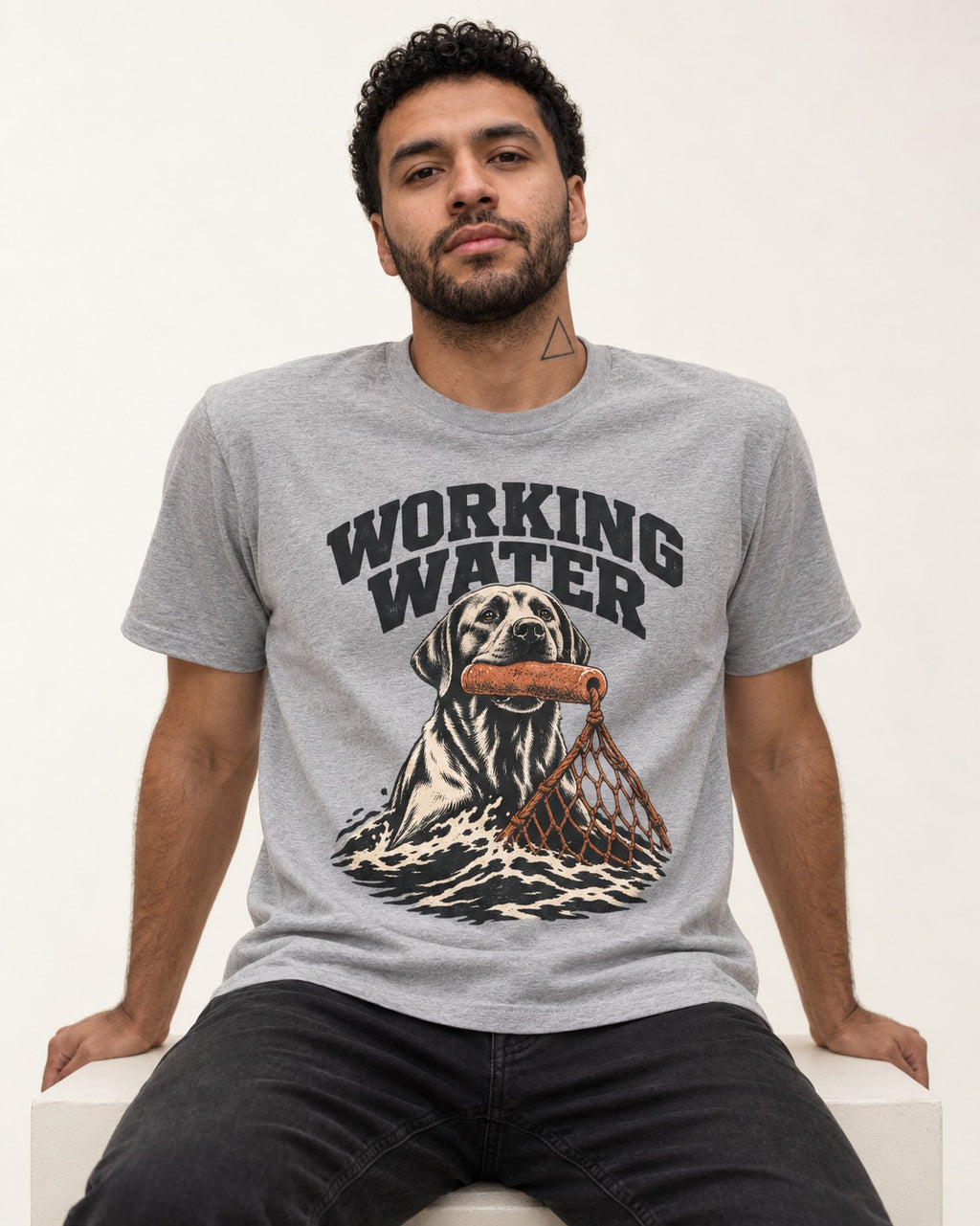 Working Water Labrador Retriever T-Shirt in Sport Grey, worn by a seated model