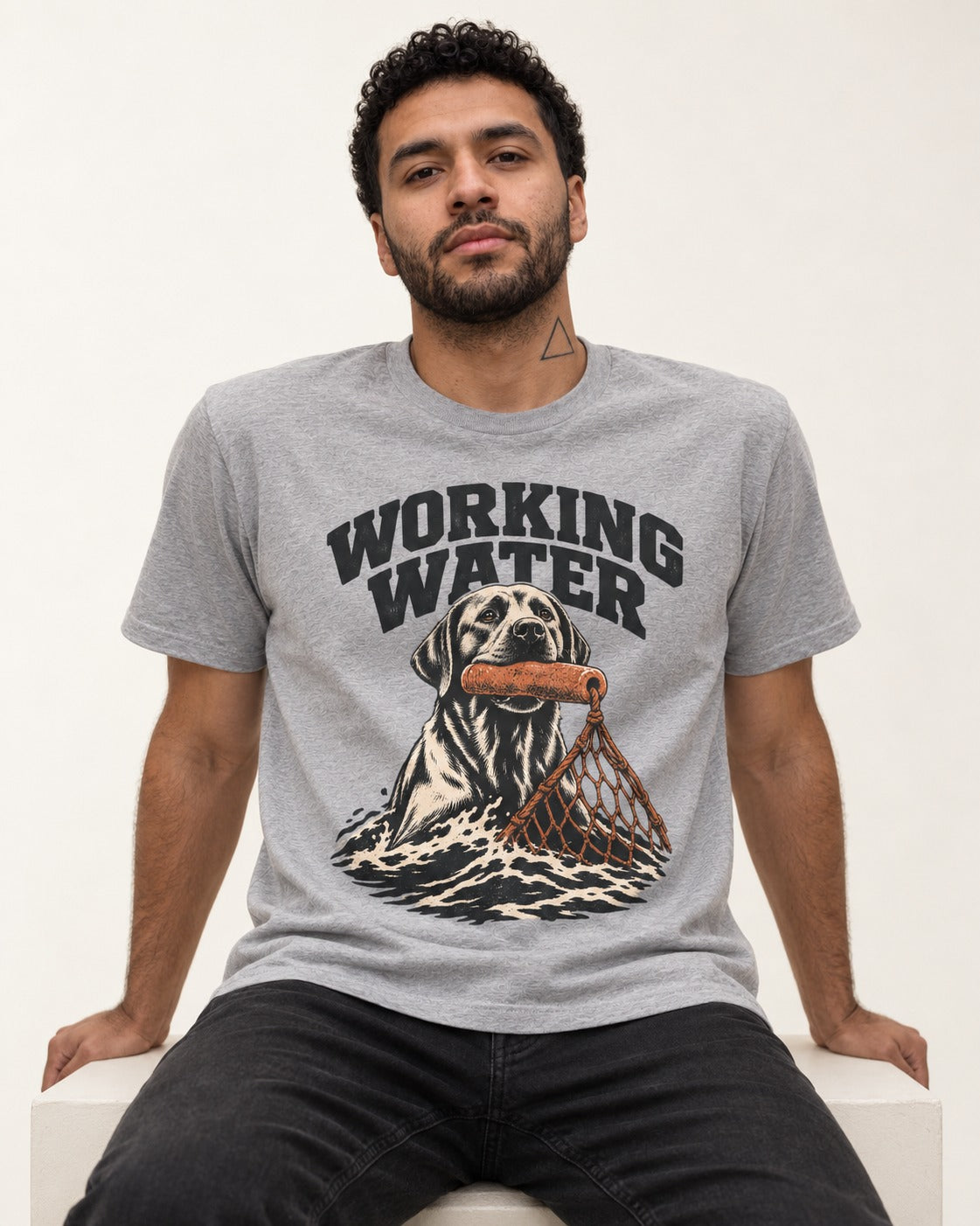 Working Water Labrador Retriever T-Shirt in Sport Grey, worn by a seated model