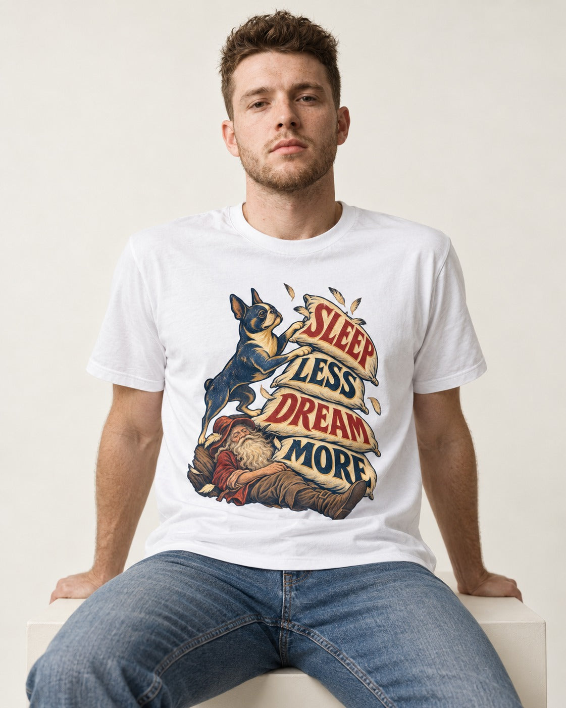 Boston Terrier Sleep Less Dream More T-Shirt in White, worn by a seated model