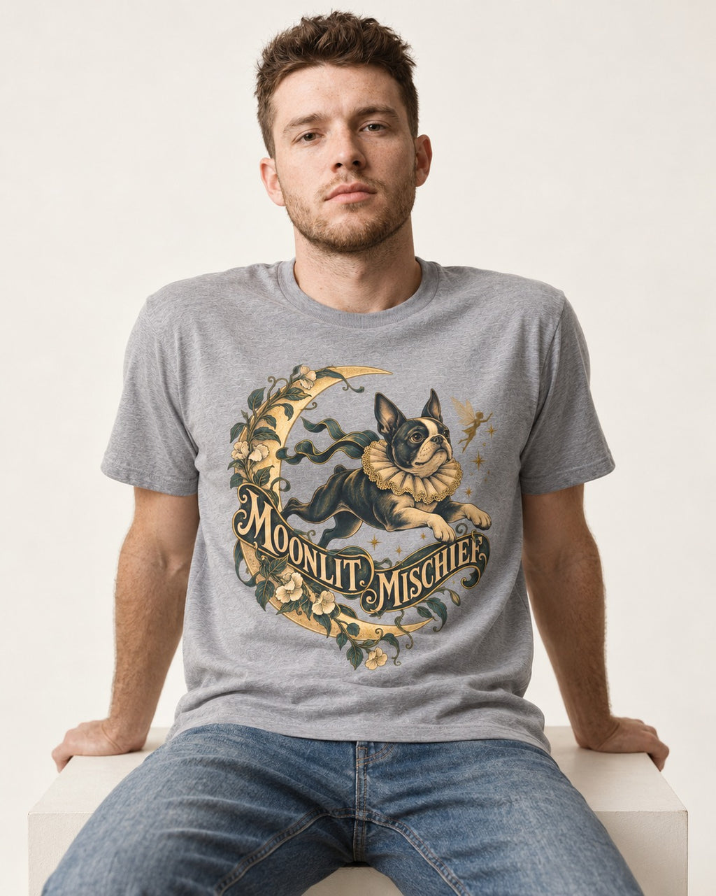 Boston Terrier Moonlit Mischief T-Shirt in Sport Grey, worn by a seated model