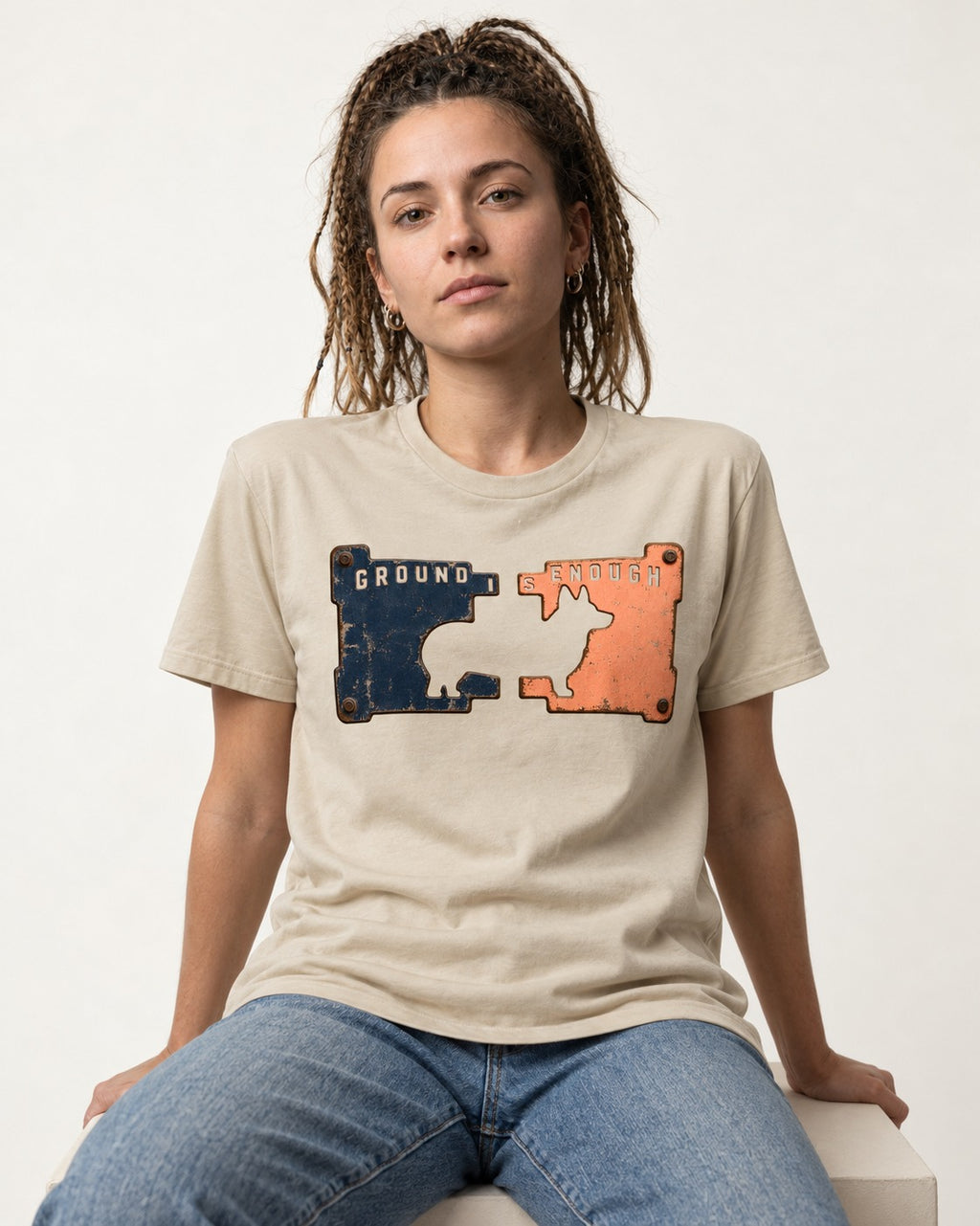 Corgi Is Enough T-Shirt in Sand, worn by a seated model