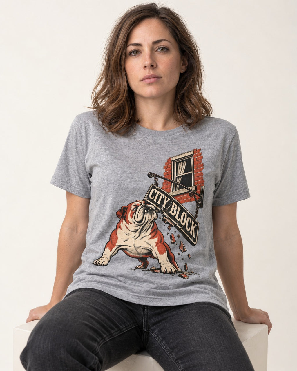 English Bulldog City Block Breaking Sign Graphic T-Shirt in Sport Grey, worn by a seated model