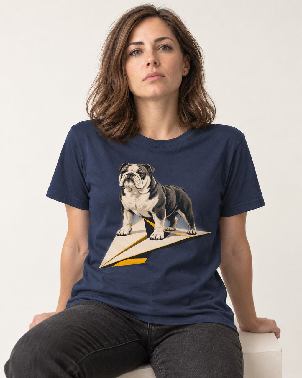 English Bulldog Paper Airplane Graphic T-Shirt in Navy, worn by a seated model