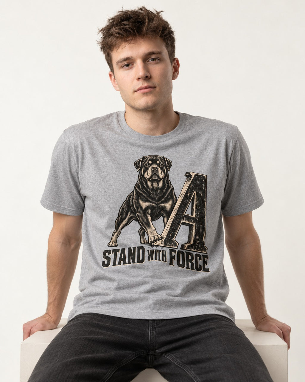 Rottweiler Stand with Force T-Shirt in Sport Grey, worn by a seated model