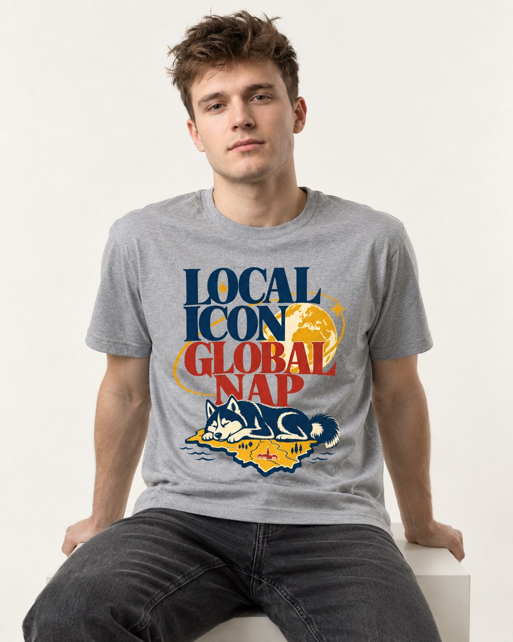 Husky Local Icon Global Nap T-Shirt in Sport Grey, worn by a seated model