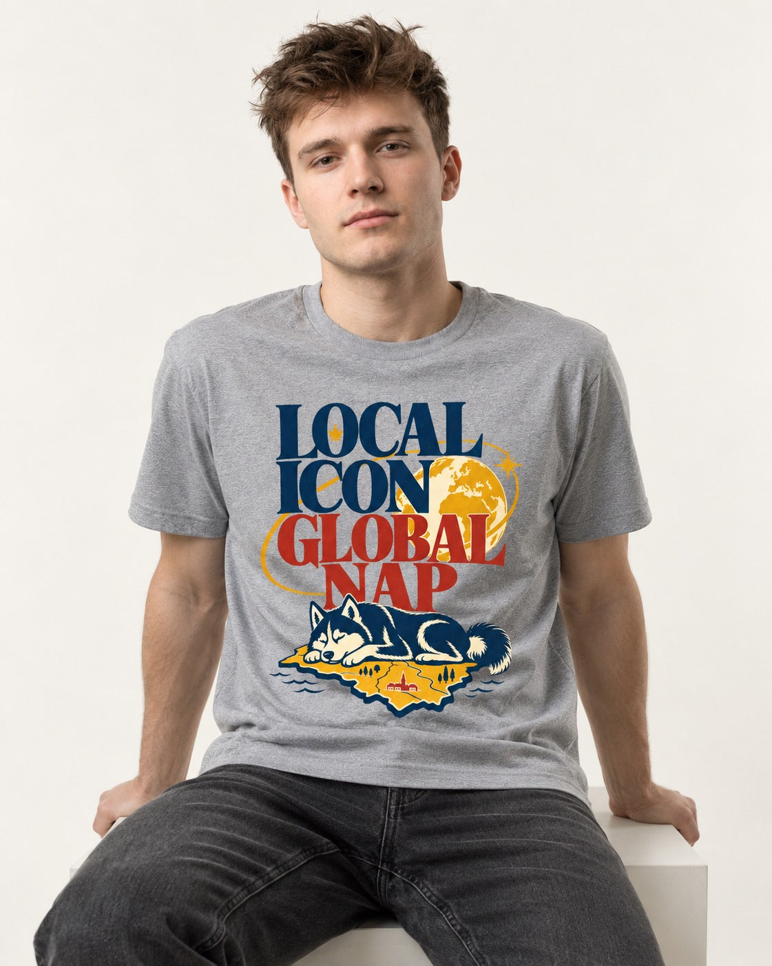 Husky Local Icon Global Nap T-Shirt in Sport Grey, worn by a seated model