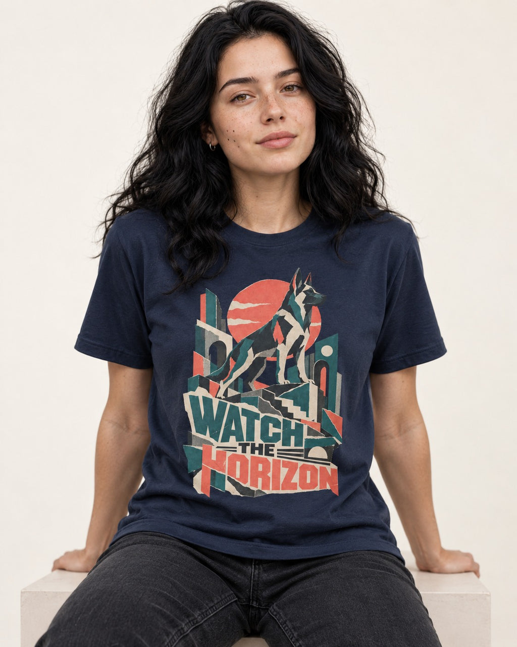 Watch The Horizon Cut Paper Cityscape German Shepherd Dog Graphic T-Shirt in Navy, worn by a seated model