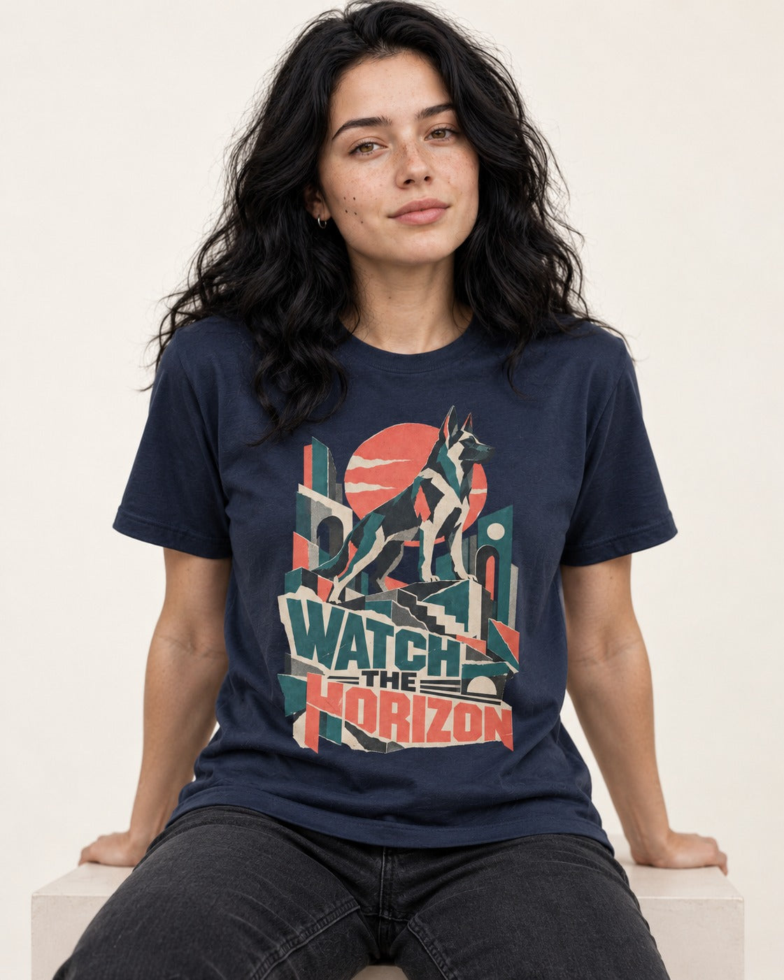 Watch The Horizon Cut Paper Cityscape German Shepherd Dog Graphic T-Shirt in Navy, worn by a seated model