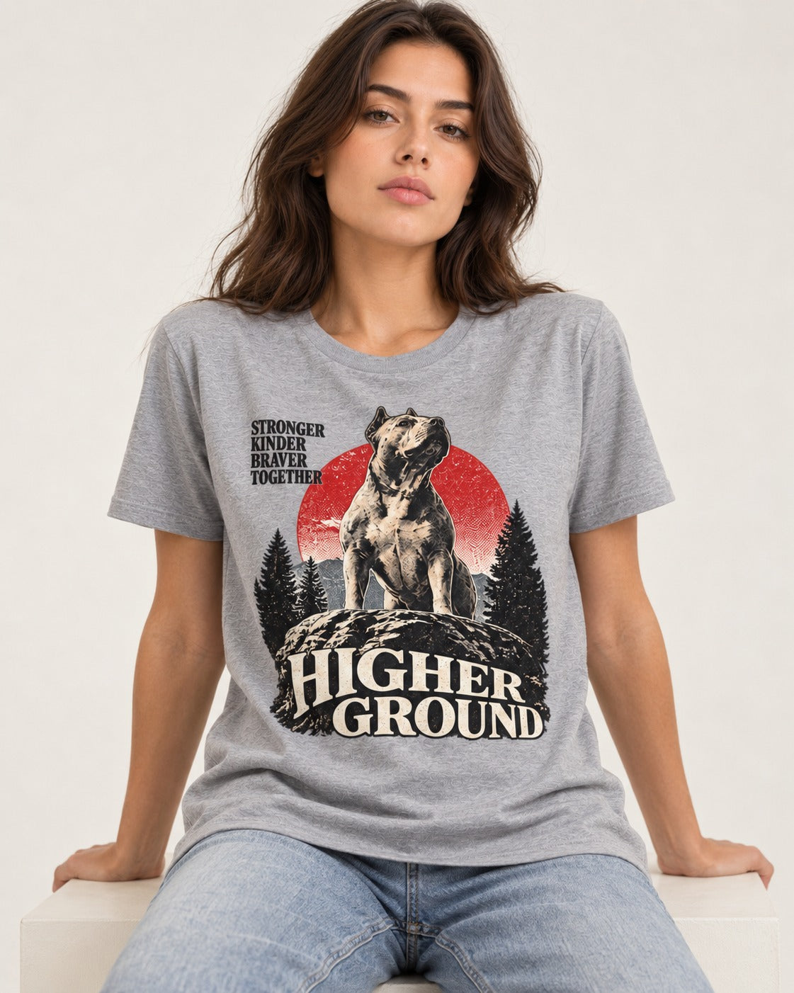 Pitbull Higher Ground T-Shirt in Sport Grey, worn by a seated model