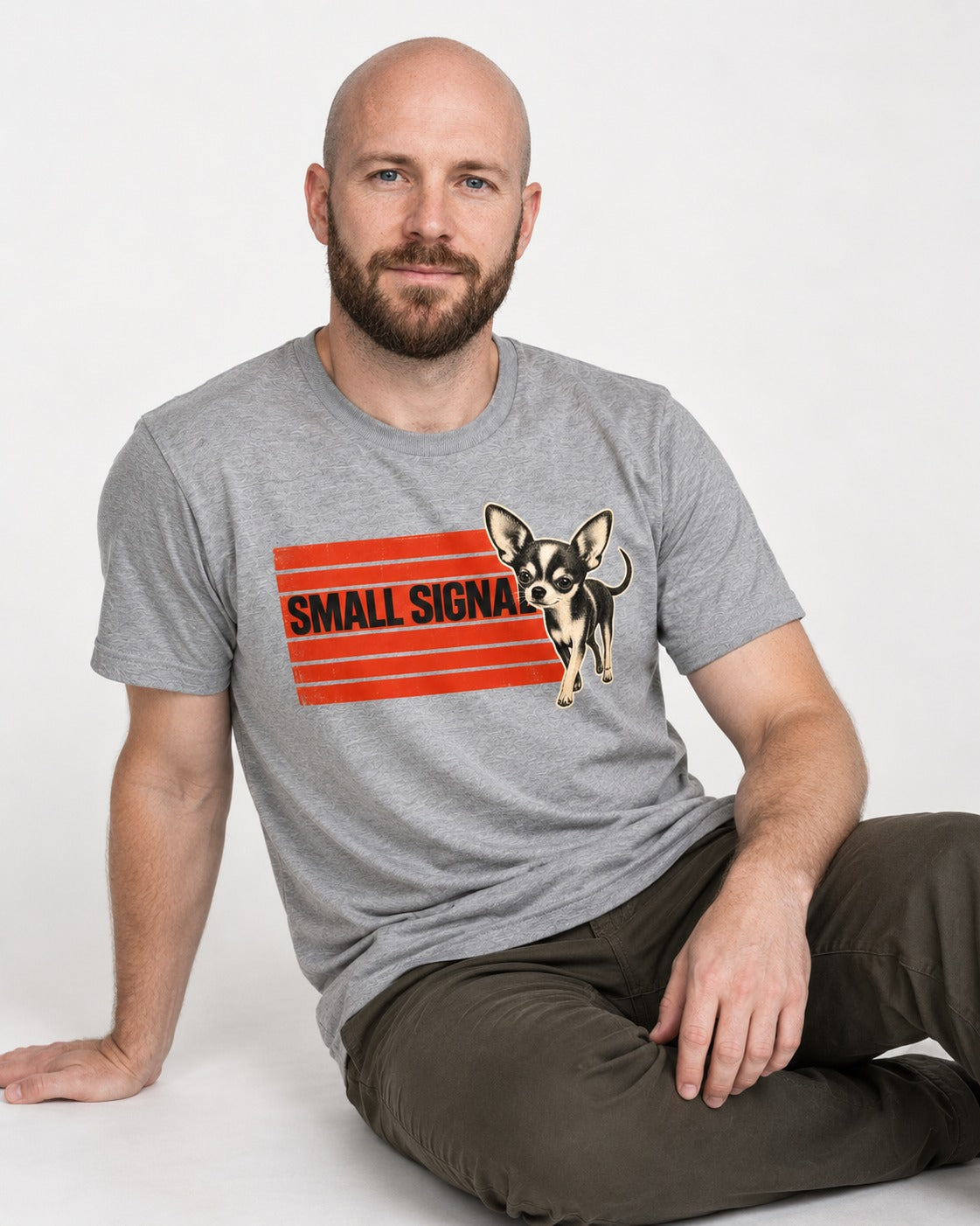 Small Signal Chihuahua T-Shirt in Sport Grey, worn by a seated model