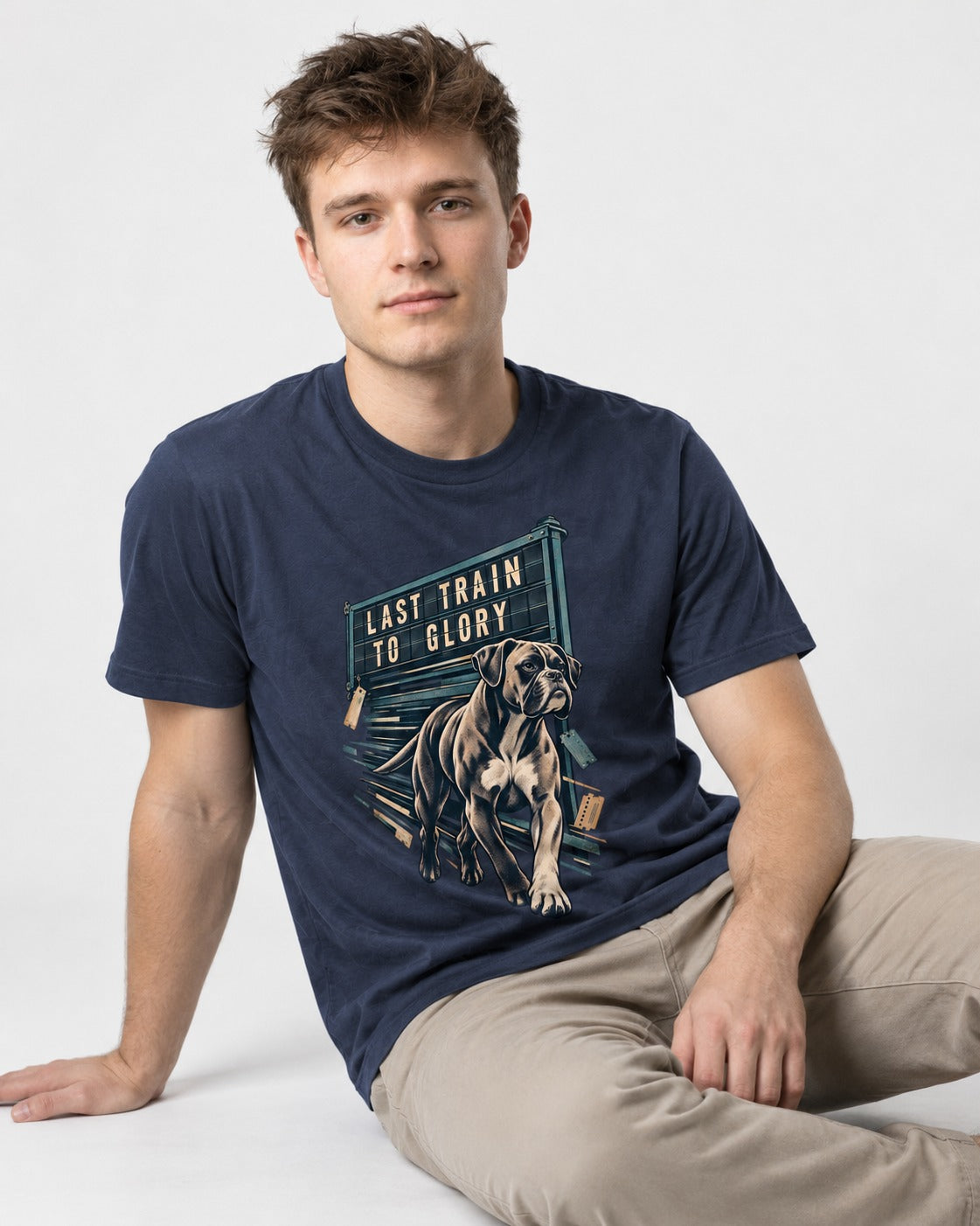 Last Train to Glory Boxer T-Shirt in Navy, worn by a seated model