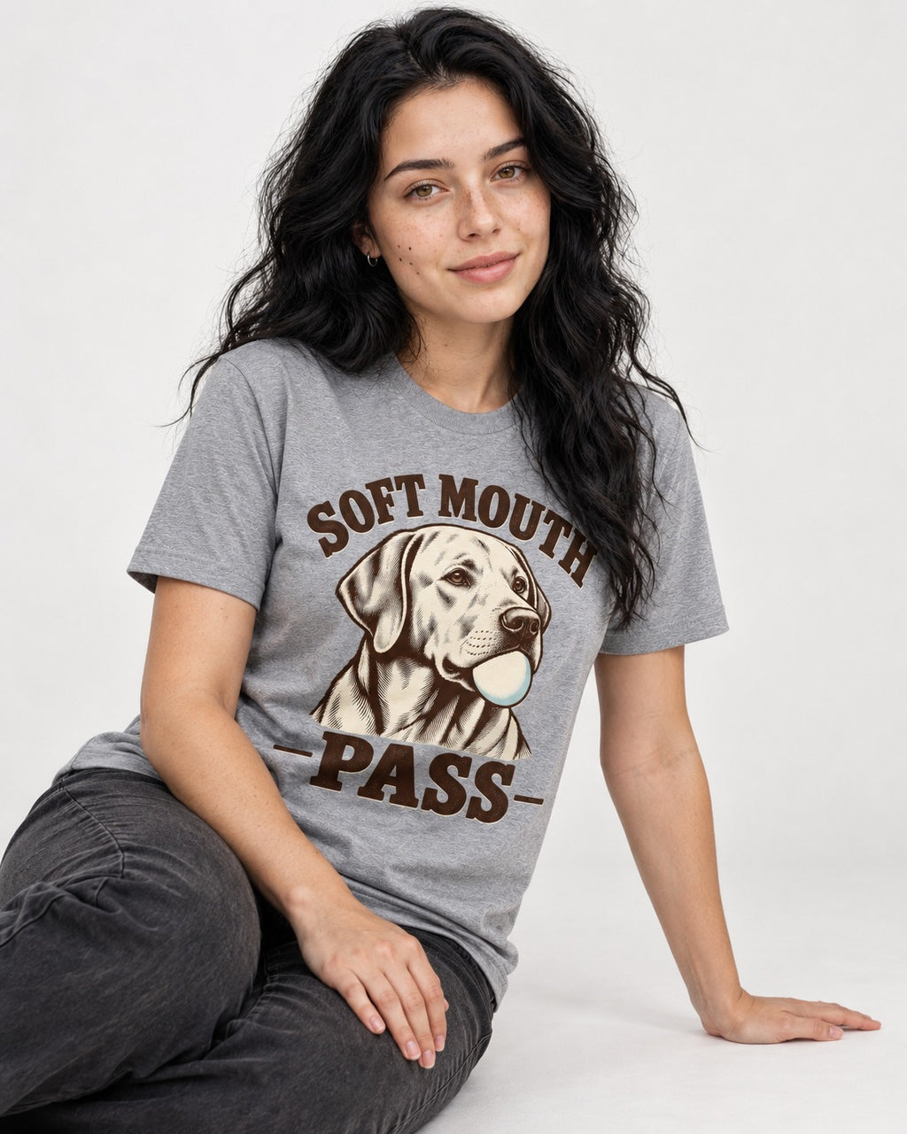 Soft Mouth Pass Labrador Retriever T-Shirt in Sport Grey, worn by a seated model