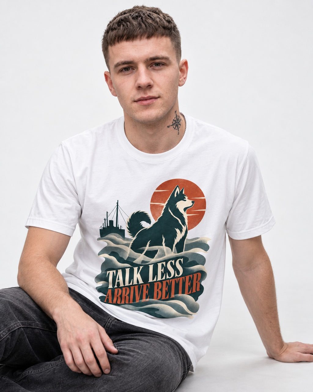Husky Talk Less Arrive Better Harbor Wave Graphic T-Shirt in White, worn by a seated model