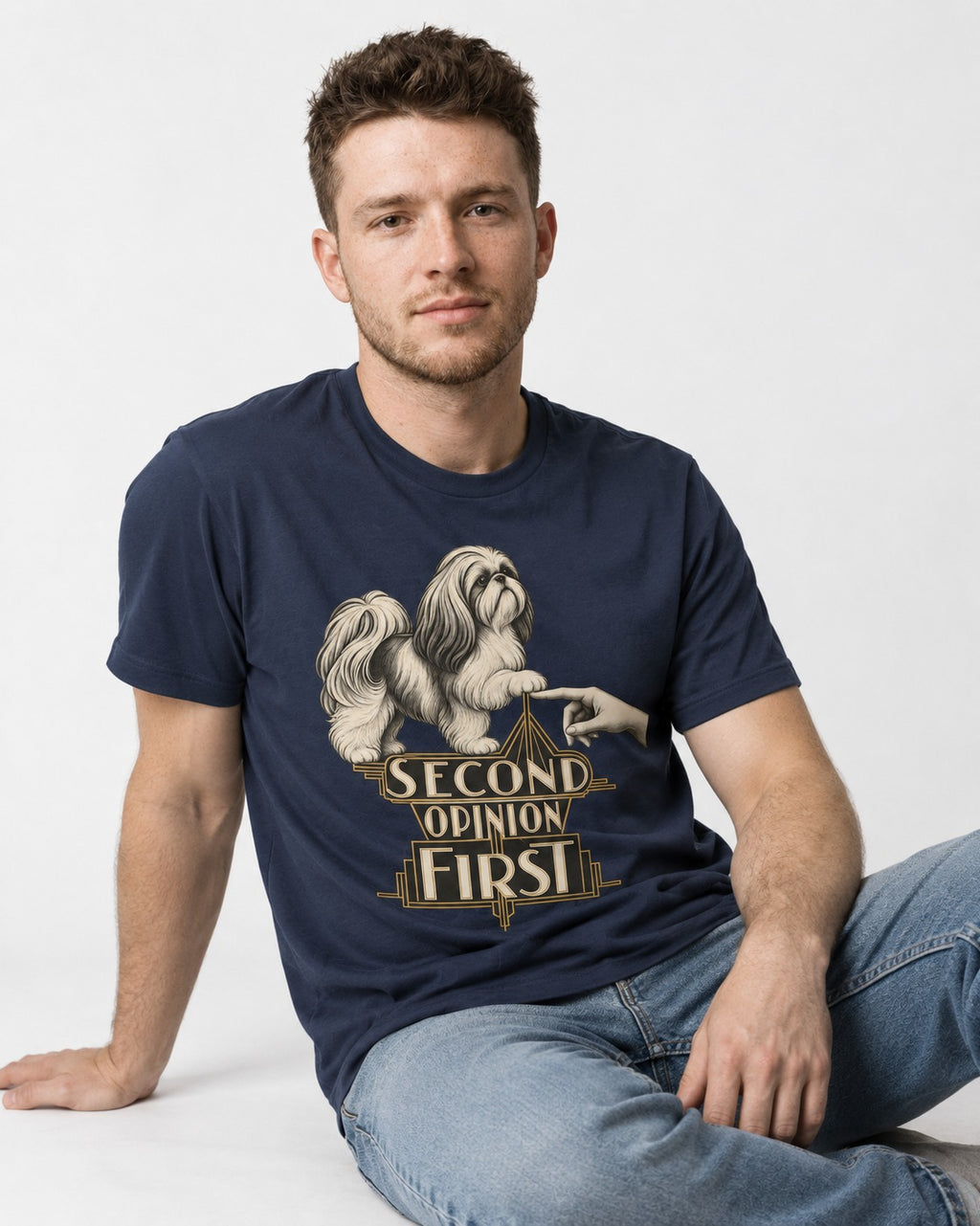 Shih Tzu Second Opinion First Art Deco Graphic T-Shirt in Navy, worn by a seated model