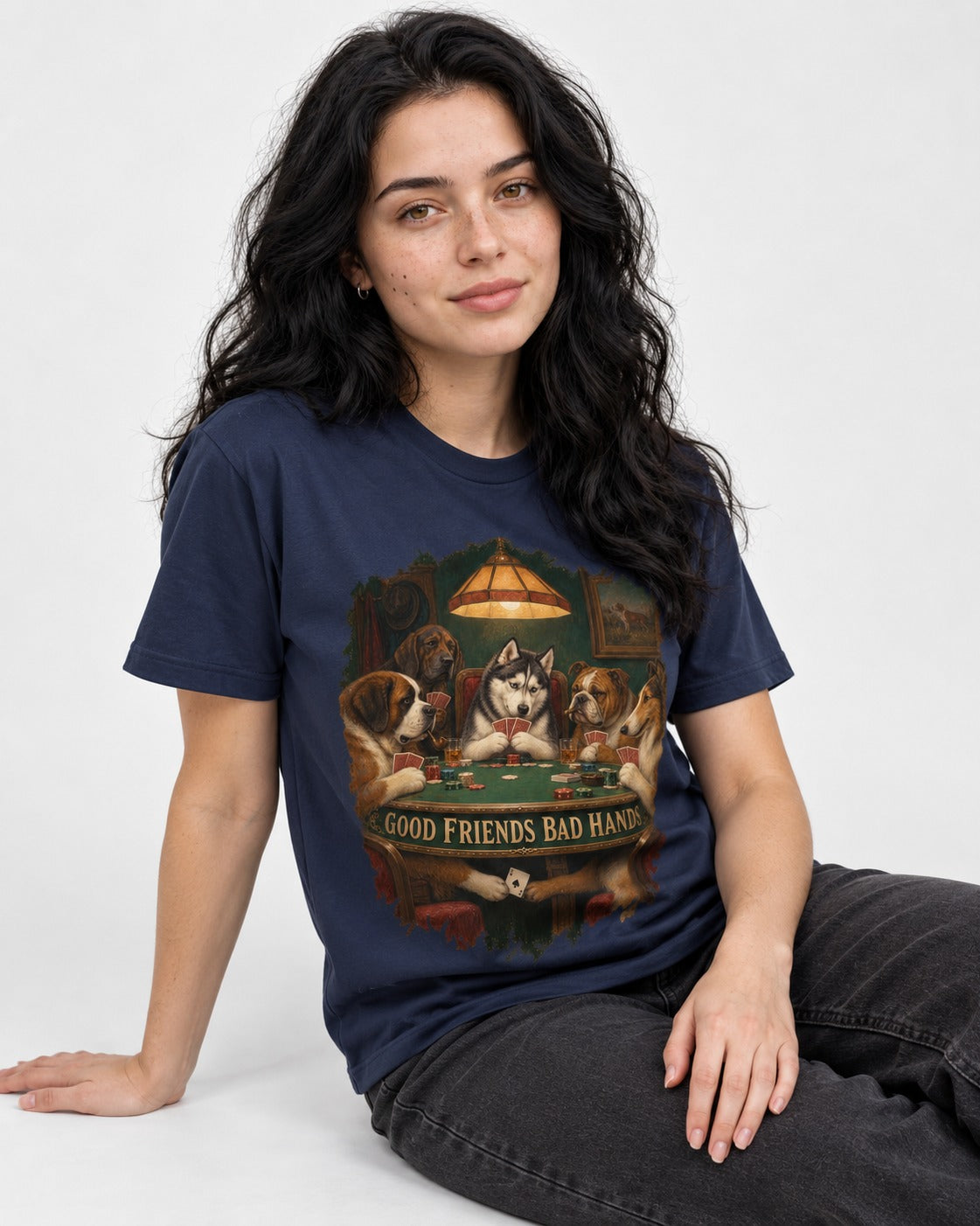 Husky Good Friends Bad Hands Poker Night Graphic T-Shirt in Navy, worn by a seated model