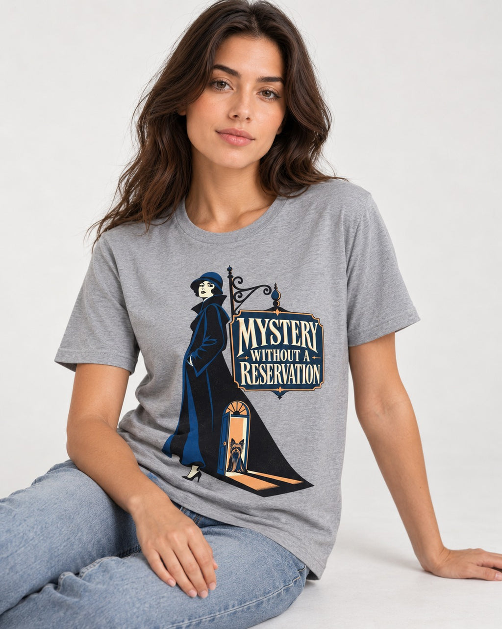 Mystery Without a Reservation Yorkshire Terrier T-Shirt in Sport Grey, worn by a seated model