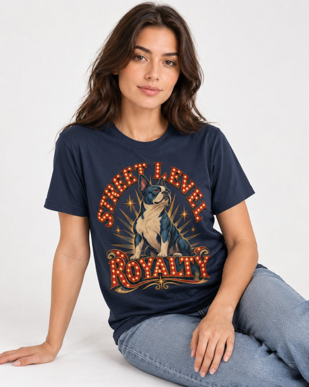 Street Level Royalty Boston Terrier T-Shirt in Navy, worn by a seated model
