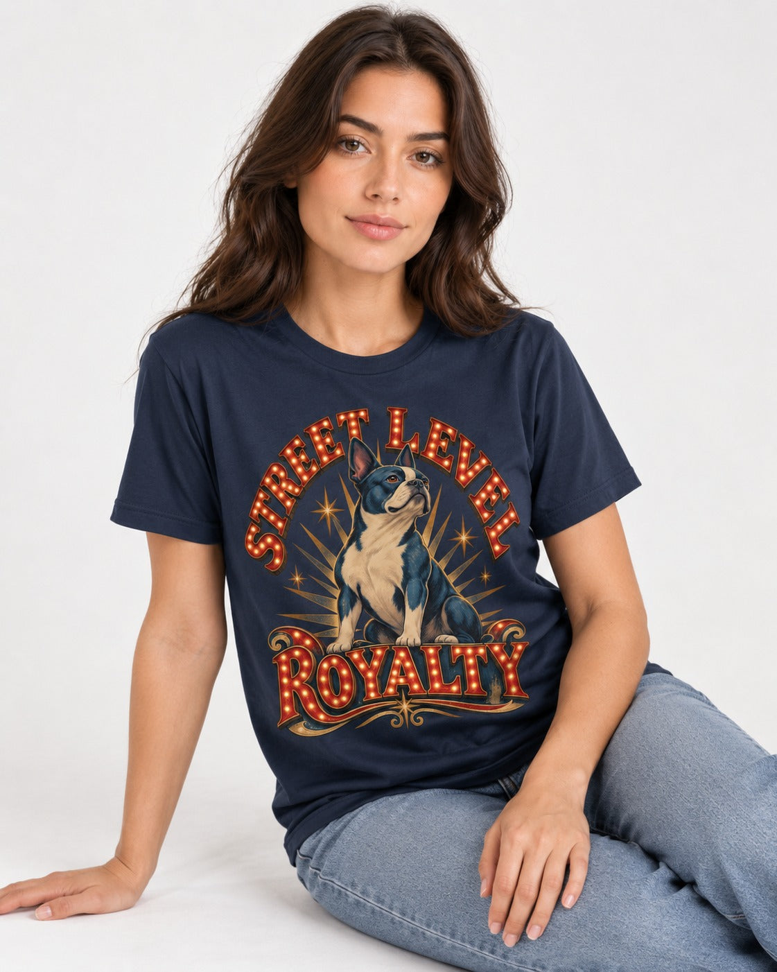 Street Level Royalty Boston Terrier T-Shirt in Navy, worn by a seated model