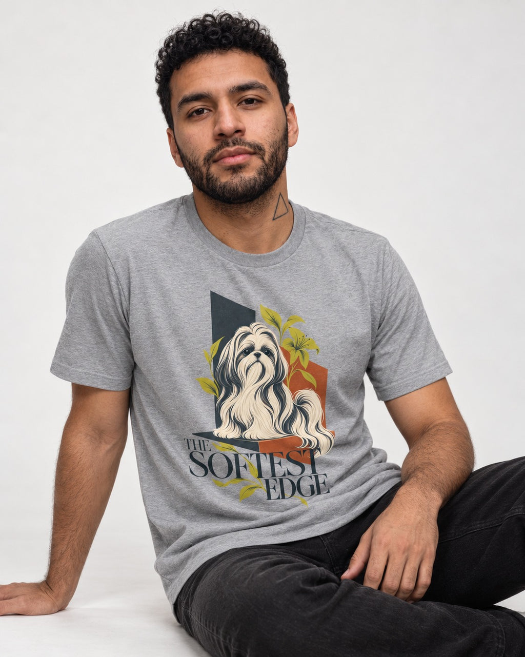 Shih Tzu The Softest Edge T-Shirt in Sport Grey, worn by a seated model