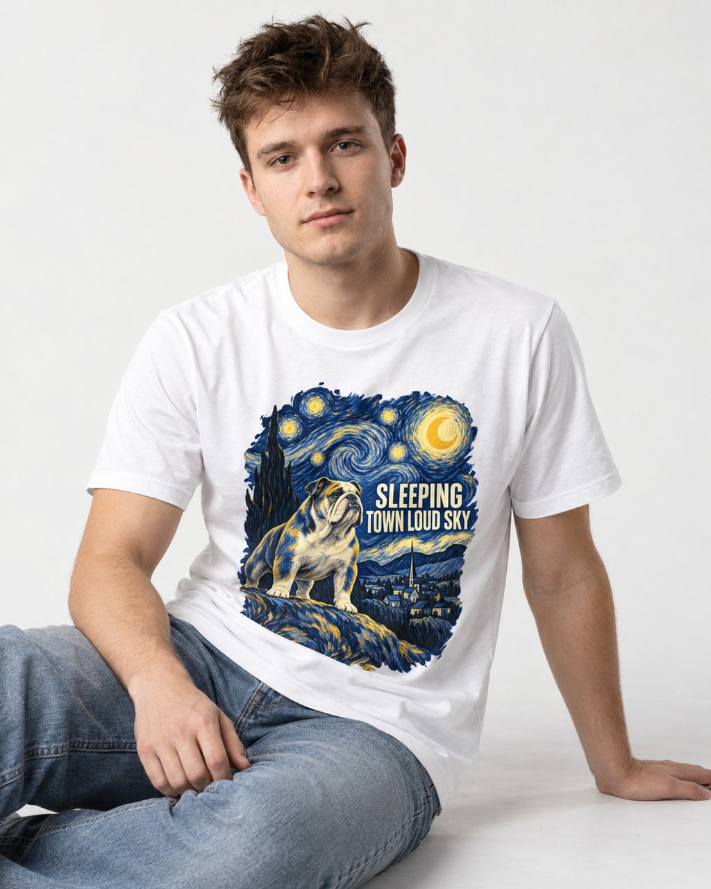 English Bulldog Sleeping Town Loud Sky Starry Night Graphic T-Shirt in White, worn by a seated model