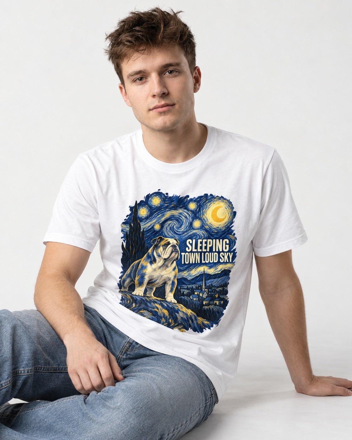 English Bulldog Sleeping Town Loud Sky Starry Night Graphic T-Shirt in White, worn by a seated model