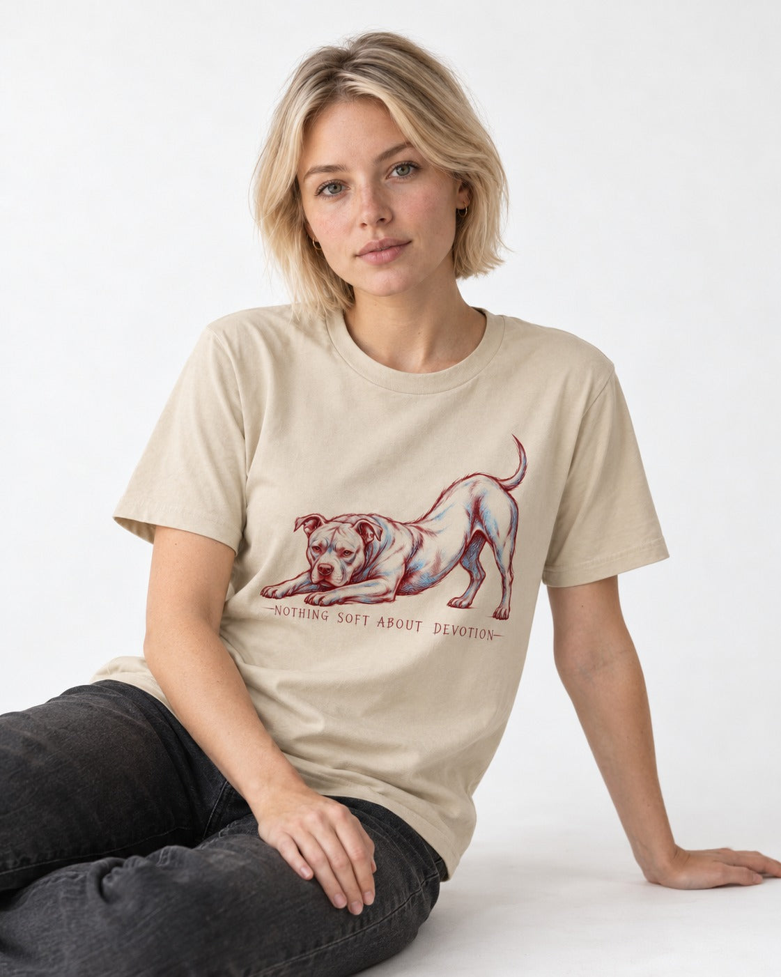 Nothing Soft About Pitbull Devotion T-Shirt in Sand, worn by a seated model