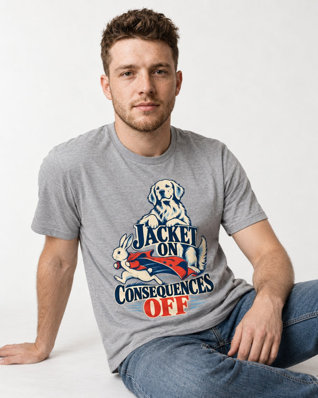 Golden Retriever Jacket On Consequences Off Rabbit Chase Graphic T-Shirt in Sport Grey, worn by a seated model