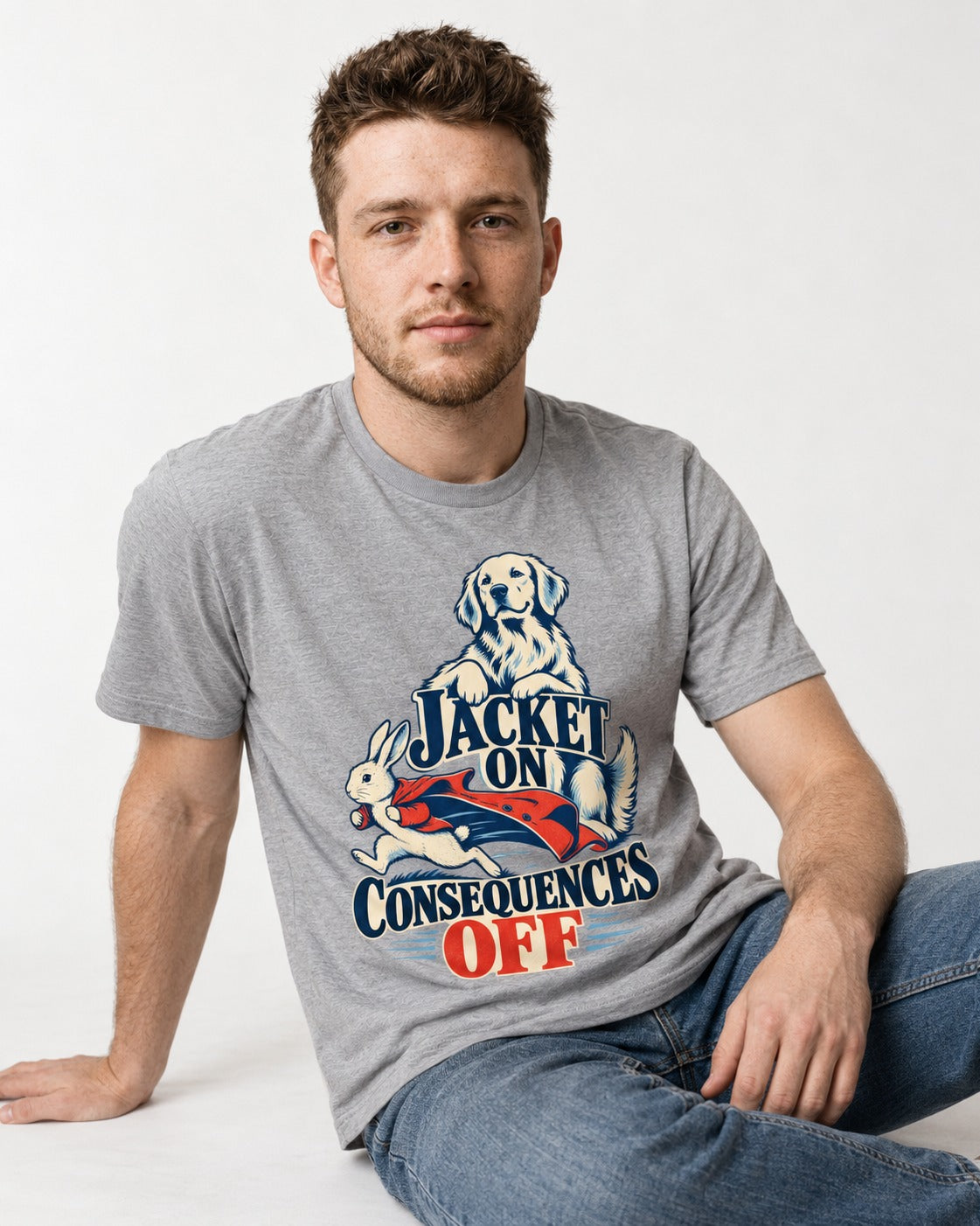 Golden Retriever Jacket On Consequences Off Rabbit Chase Graphic T-Shirt in Sport Grey, worn by a seated model