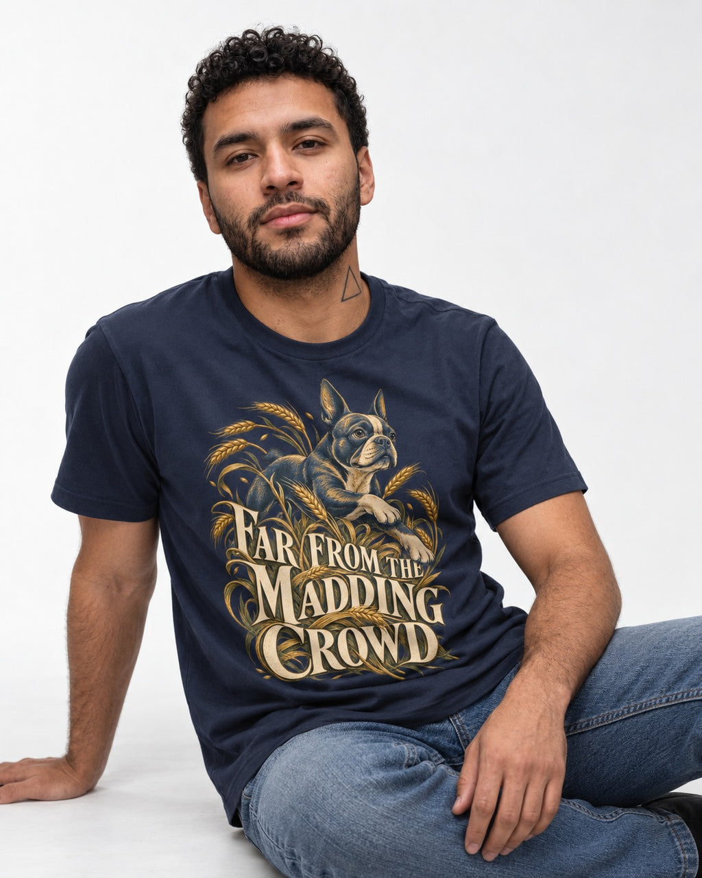 Far From the Madding Crowd Boston Terrier T-Shirt in Navy, worn by a seated model