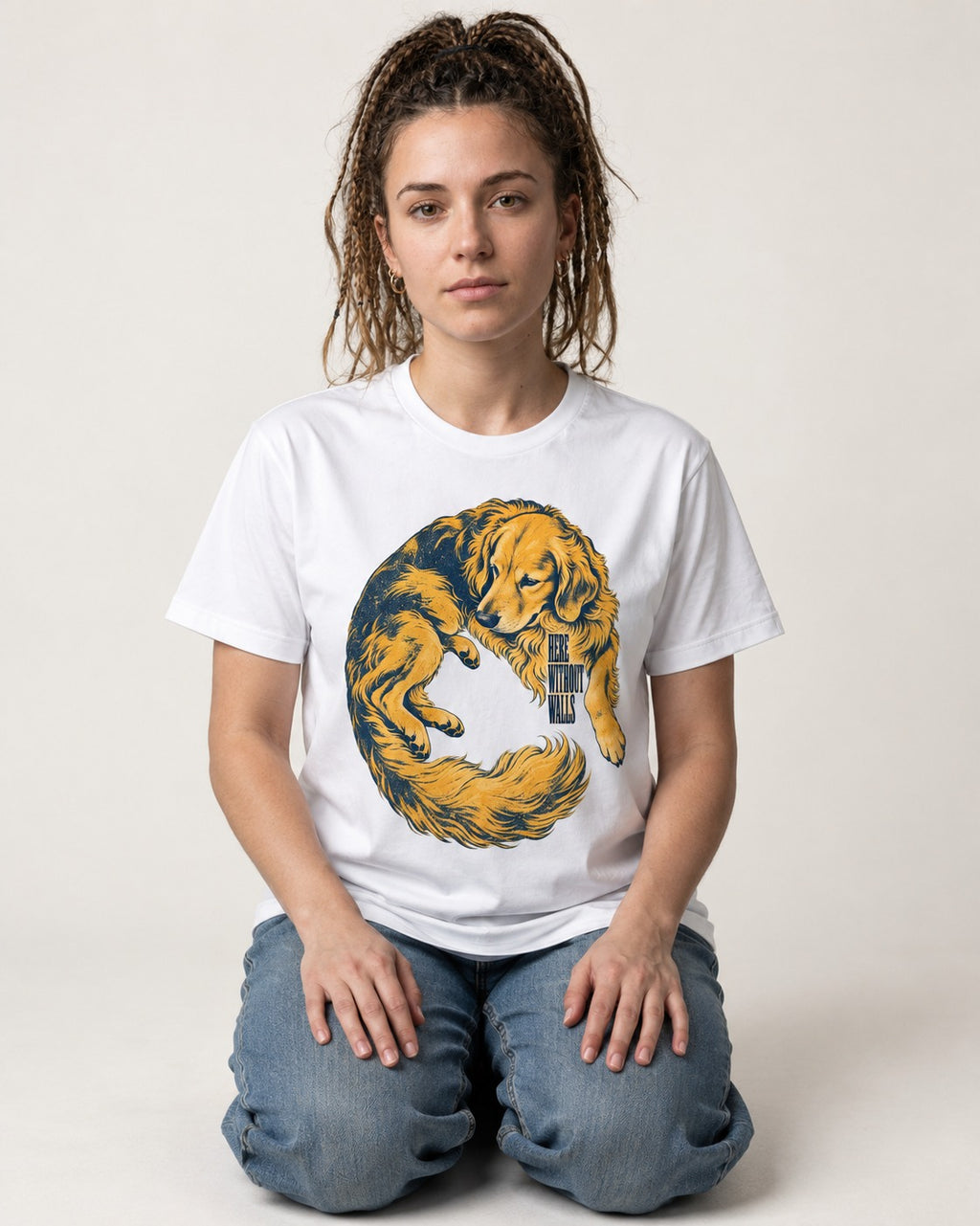 Golden Retriever Here Without Walls Curled Portrait Graphic T-Shirt in White, worn by a seated model