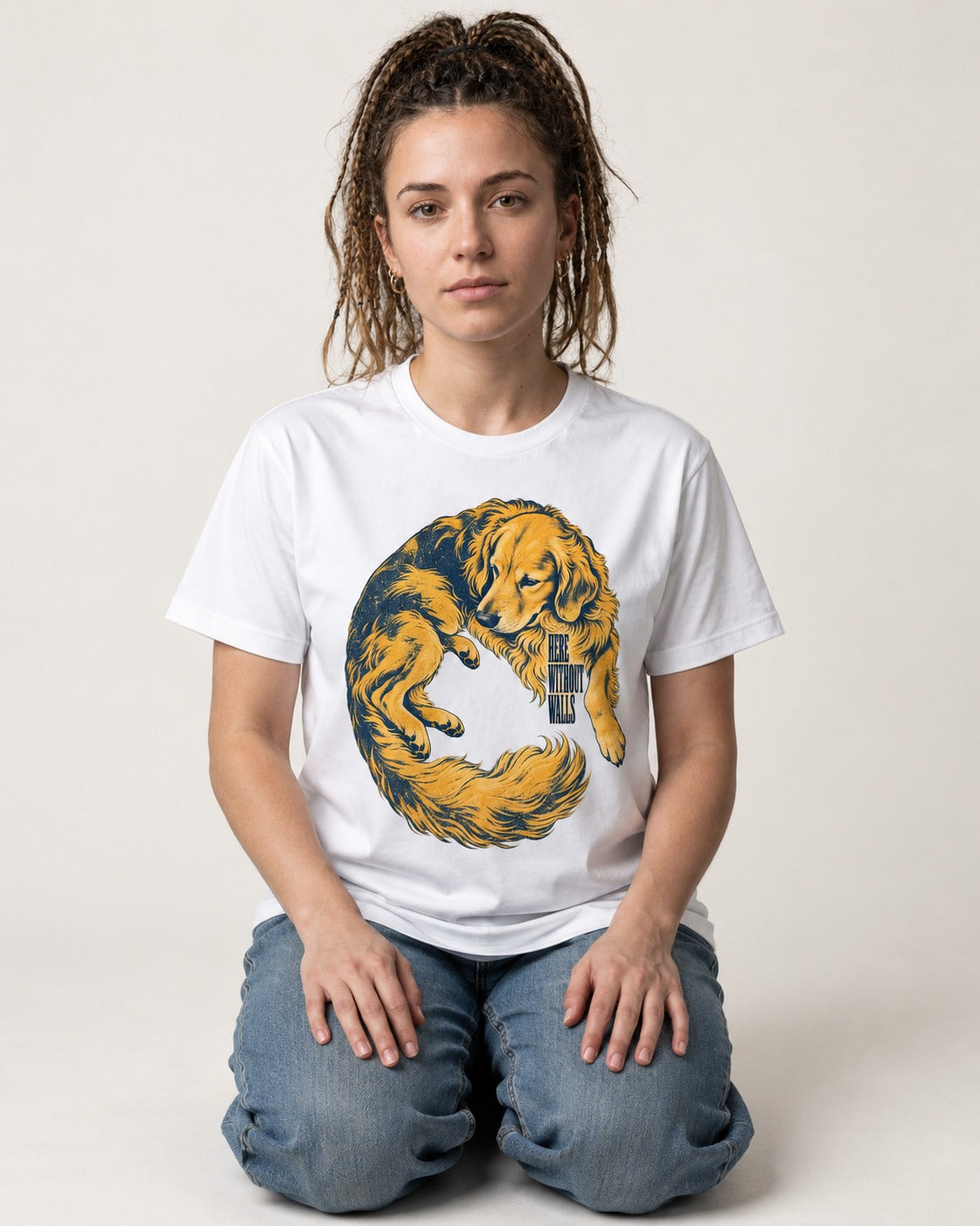 Golden Retriever Here Without Walls Curled Portrait Graphic T-Shirt in White, worn by a seated model