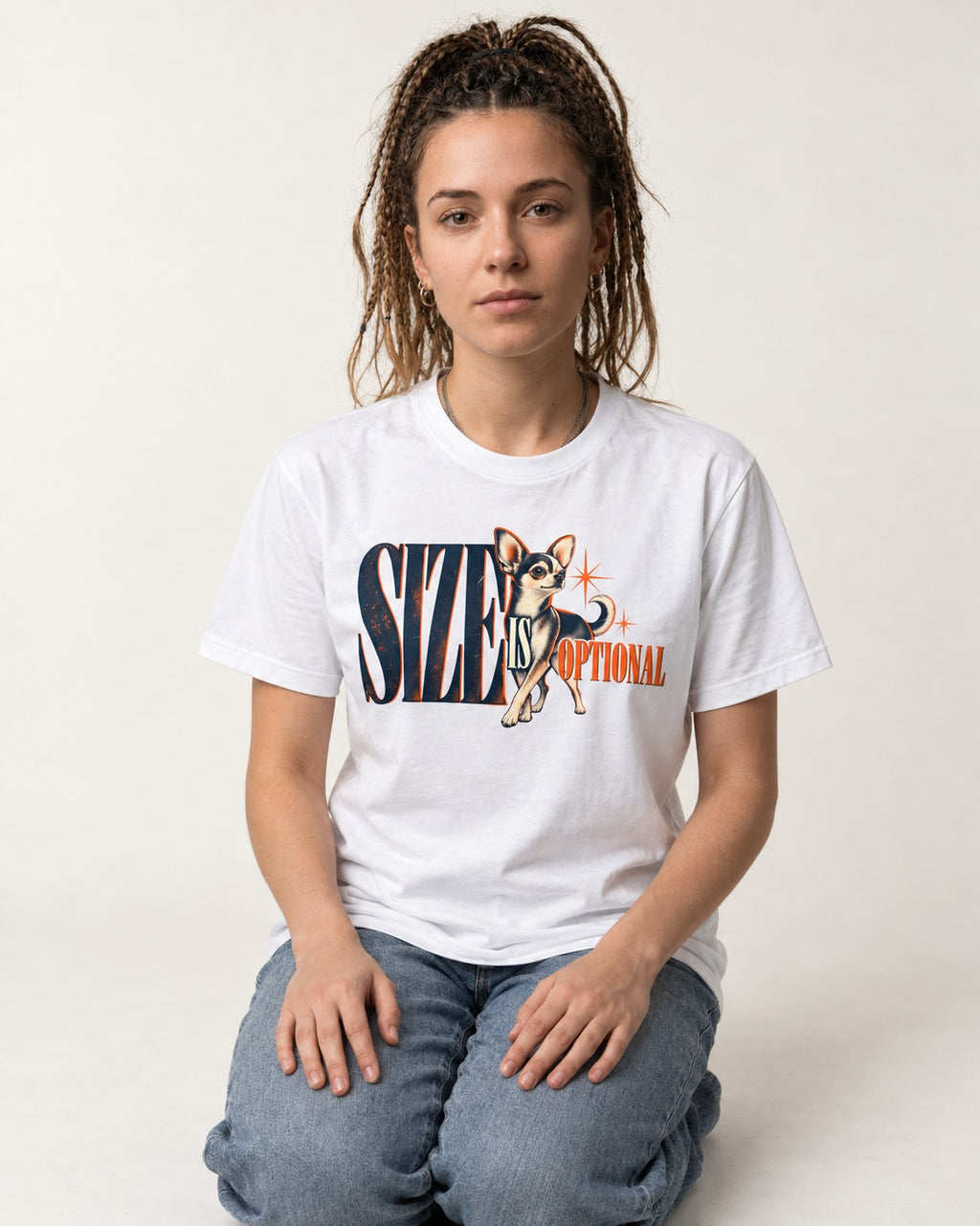 Chihuahua Size Is Optional Starburst Graphic T-Shirt in White, worn by a seated model
