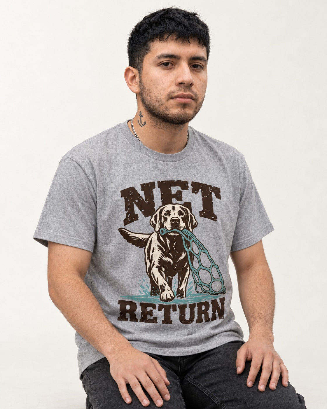 Net Return Labrador Retriever T-Shirt in Sport Grey, worn by a seated model