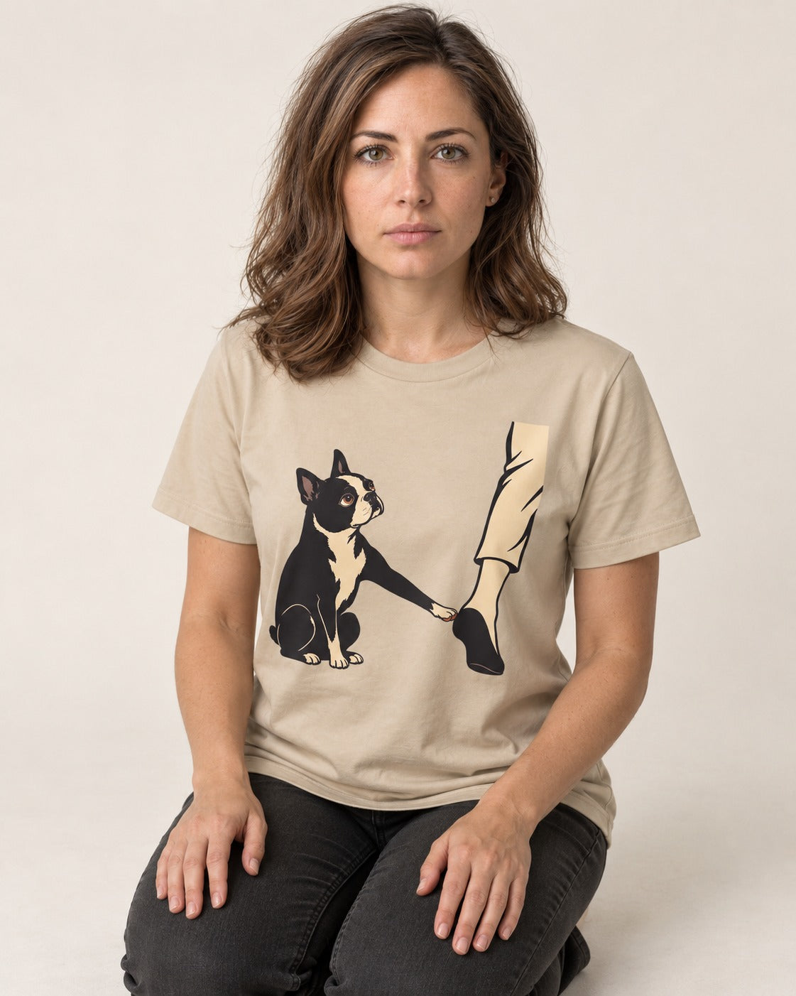 Boston Terrier Stay with Me T-Shirt in Sand, worn by a seated model