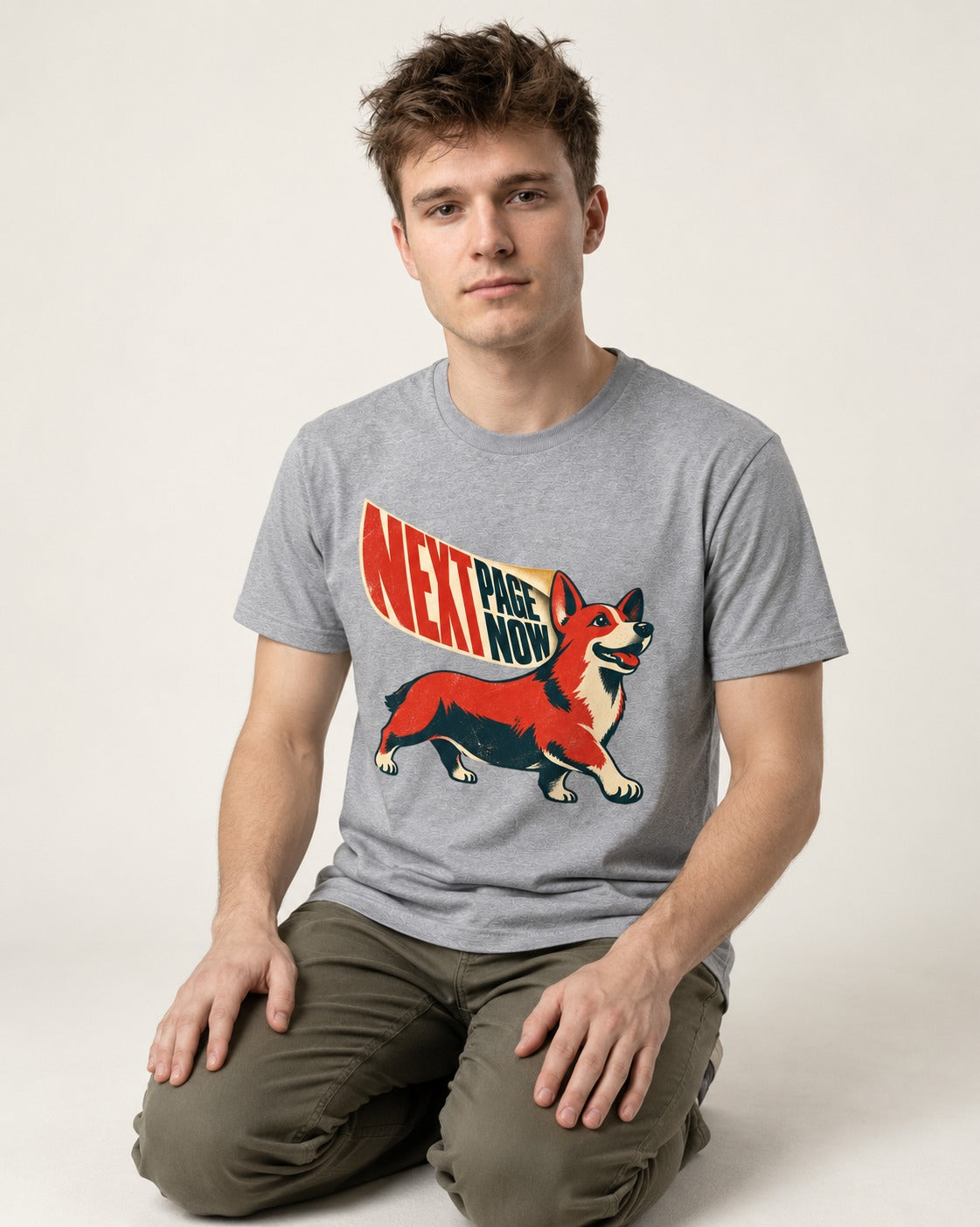 Corgi Next Page Now Pennant Graphic T-Shirt in Sport Grey, worn by a seated model