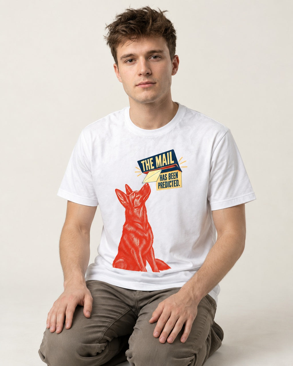 German Shepherd Dog Mail Predicted Graphic T-Shirt in White, worn by a seated model