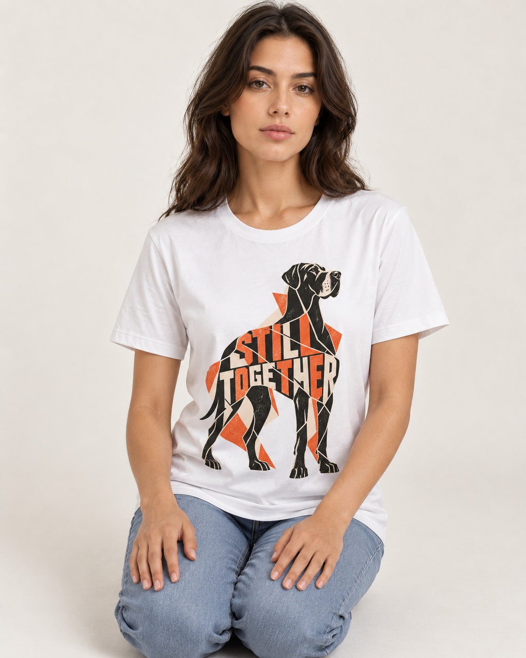 Great Dane Still Together Geometric Mosaic Graphic T-Shirt in White, worn by a seated model