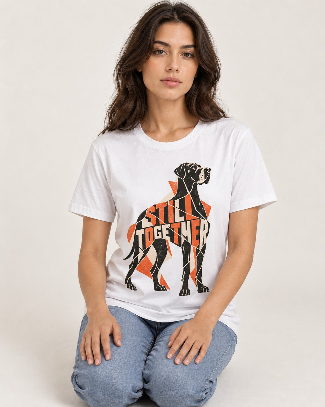 Great Dane Still Together Geometric Mosaic Graphic T-Shirt in White, worn by a seated model